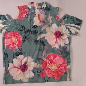 3/$60 Gaze USA Crop Top Women's L Cutout Shoulders Gray/Pnk Poly Floral Rose EUC